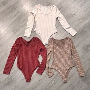 Shein 3 Piece Soft Solid Ribbed Long Sleeve Bodysuits Size M